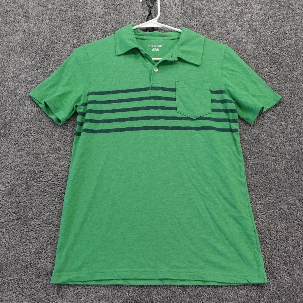 Cherokee Polo Shirt Boys Large Green Striped Short Sleeve Pocket Slub Jersey Tee